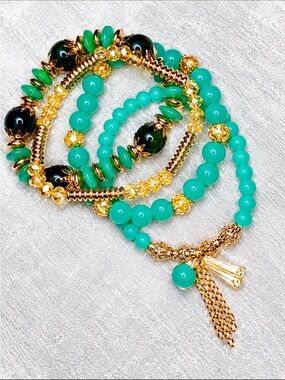 FRIENDSHIP BRACELETS 4 Strands Tan Crystal and Aqua Stone Stretchy TAYLOR SWIFT